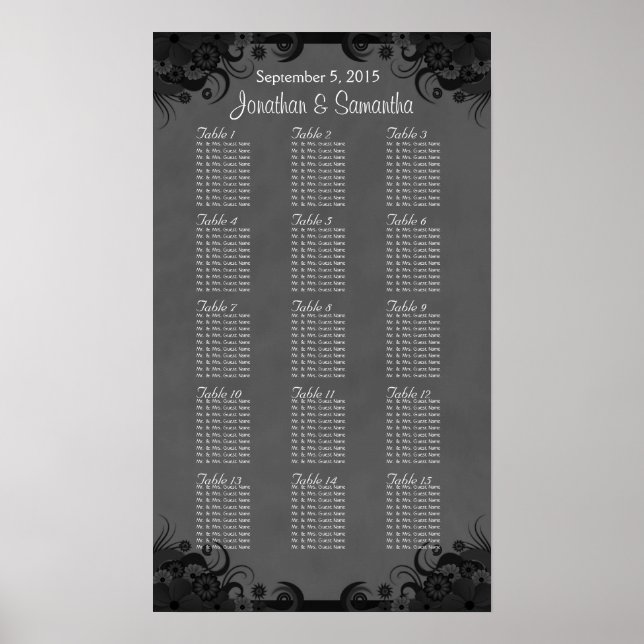 Black and Grey Goth 15 Wedding Table Seating Chart (Front)