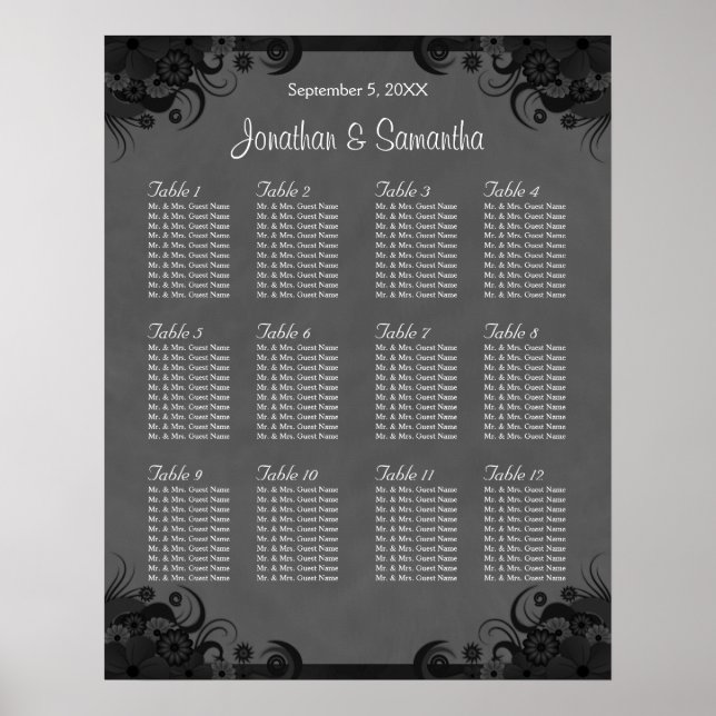 Black and Grey Goth Wedding 12 Table Seating Chart (Front)