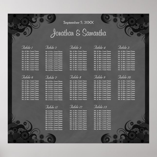 Black and Grey Goth Wedding 13 Table Seating Chart (Front)