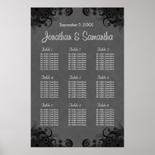 Black and Grey Goth Wedding 9 Tables Seating Chart