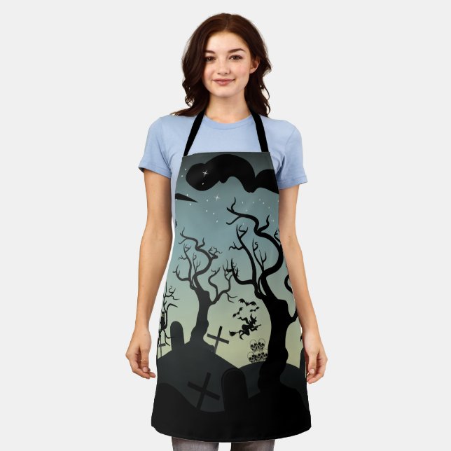 Black and grey haunted graveyard Halloween Apron (Worn)