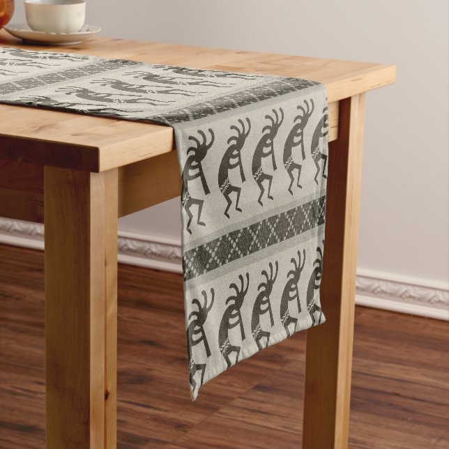 Black And Grey Kokopelli Aztec Pattern Short Table Runner (In Situ)
