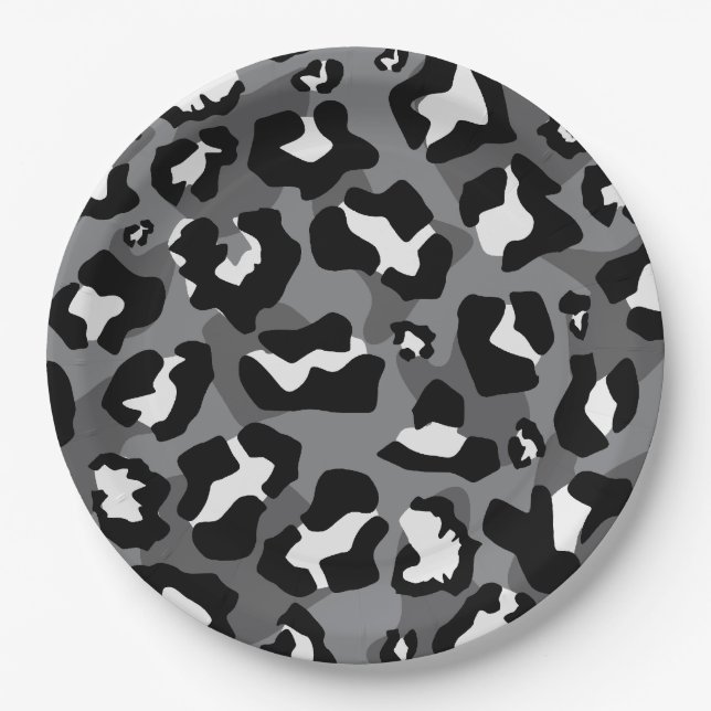 Black and grey leopard animal print paper plate (Front)