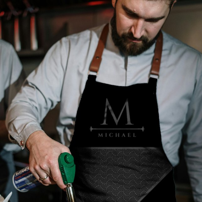Black and Grey Modern Geometric Wavy Curved Lines Apron (Creator Uploaded)