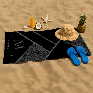 Black and Grey Modern Geometric Wavy Curved Lines Beach Towel