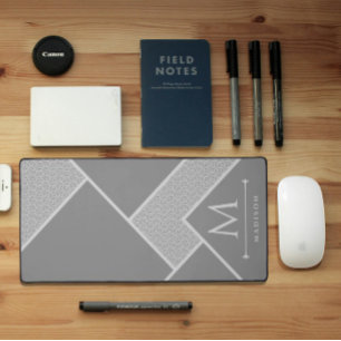 Black and Grey Modern Geometric Wavy Curved Lines Desk Mat