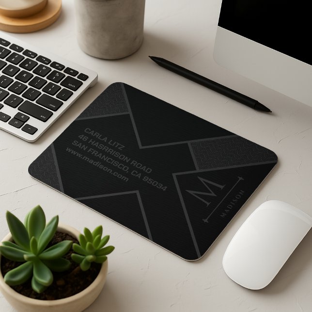 Black and Grey Modern Geometric Wavy Curved Lines Mouse Mat (Creator Uploaded)