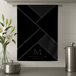 Black and Grey Modern Geometric Wavy Curved Lines Tea Towel