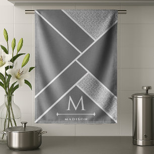 Black and Grey Modern Geometric Wavy Curved Lines Tea Towel