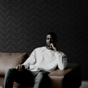 Black and Grey Modern Geometric Wavy Curved Lines Wallpaper