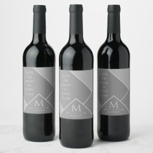 Black and Grey Modern Geometric Wavy Curved Lines Wine Label
