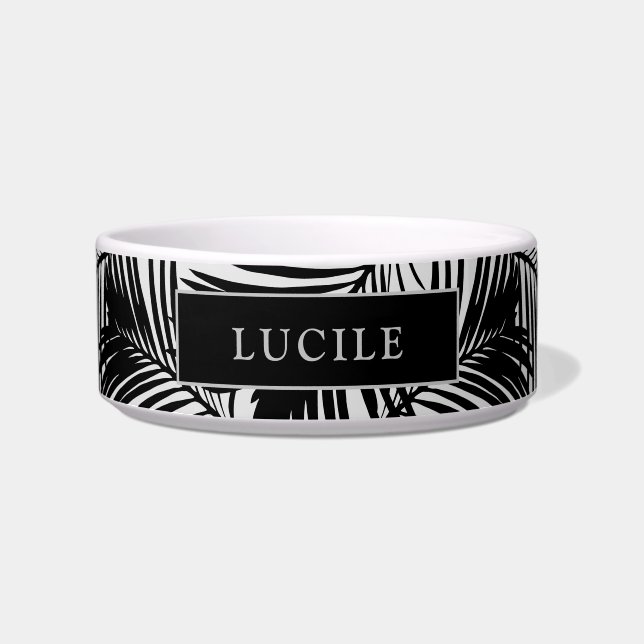Black and Grey Modern Palm Leaf Pattern Pet Name Bowl (Front)