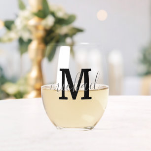 black and grey monogram personalised fathers day stemless wine glass