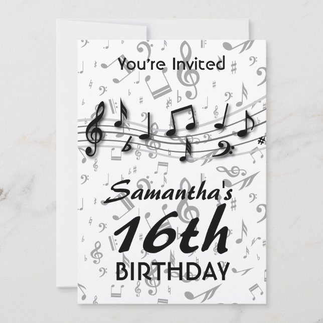 Black and Grey  Music Notes  Birthday Party Invitation (Front)