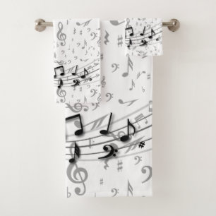 Black and grey musical notes bath towel set
