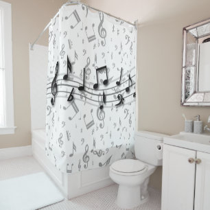 black and grey musical notes shower curtain