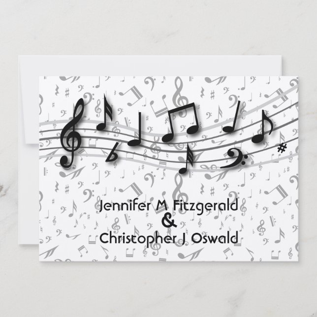Black and Grey  Musical Notes Wedding Invitation (Front)