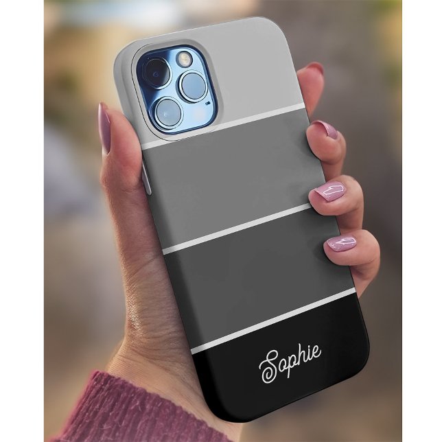 Black and Grey | Ombre Stripes with Script Case-Mate iPhone Case (A trendy striped neutral black and gray phone case with your name in script)