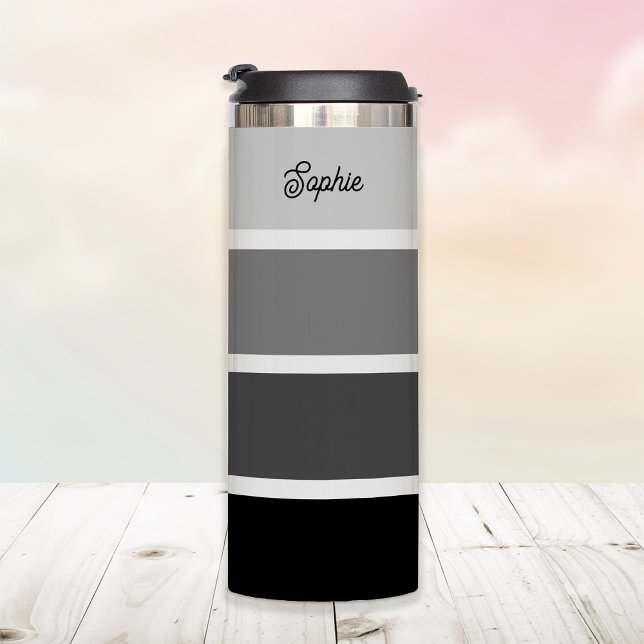 Black and Grey | Ombre Stripes with Script Fleece  Thermal Tumbler (A stylish tumbler with neutral black and gray ombre stripes)