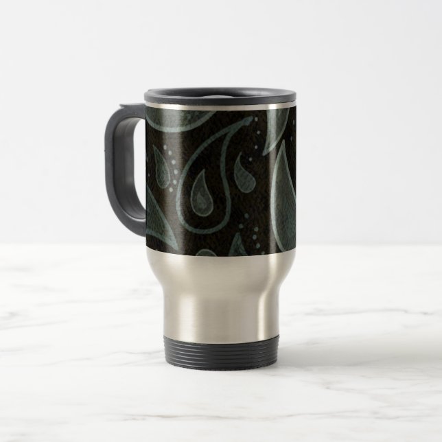Black and Grey Paisley Pattern Travel Mug (Front Left)