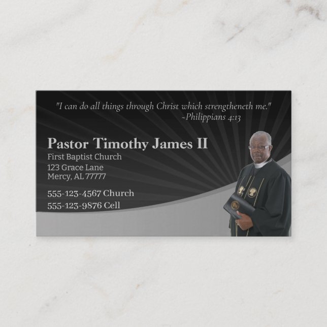 Black and Grey Pastor or Deacon Photo Business Card (Front)