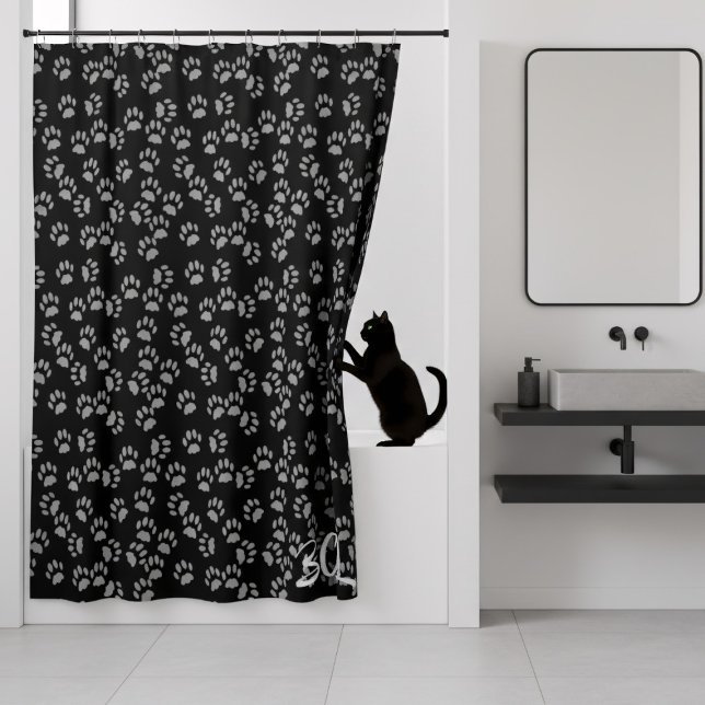 Black and Grey Paw Print Pattern Shower Curtain (My cat doesn't like water. Does yours? If they do, this paw print shower curtain is just for you)