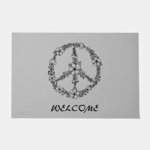 Black and grey peace sign welcome door mat