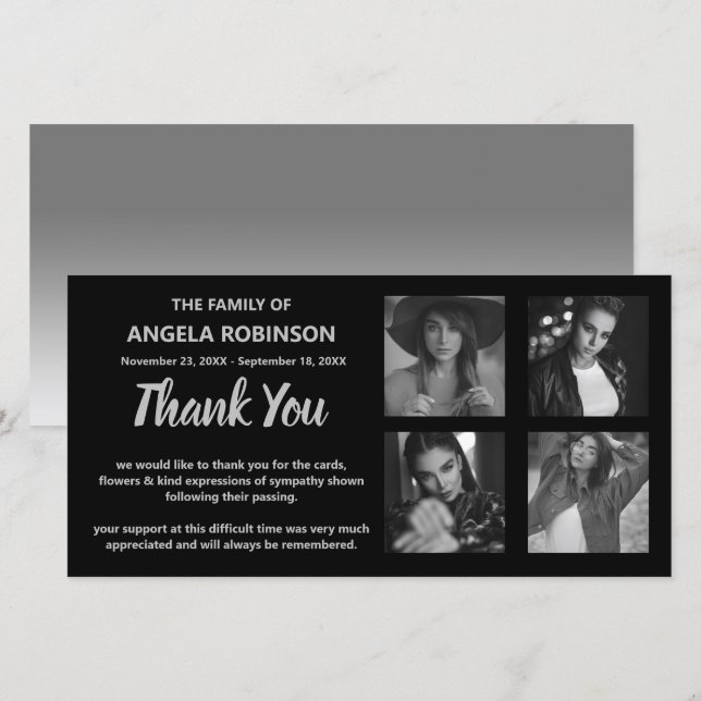 Black And Grey Photo Collage Memorial Thank You Card (Front/Back)