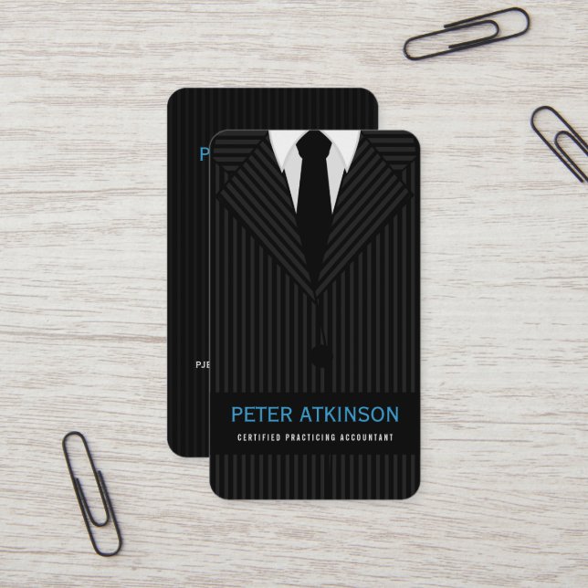 Black and Grey Pinstripe Suit Vertical Accountant Business Card (Front/Back In Situ)