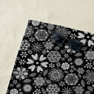 Black And Grey Retro Floral Art Seamless Pattern Beach Towel