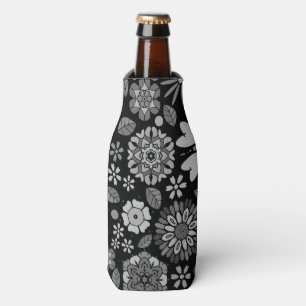 Black And Grey Retro Floral Art Seamless Pattern Bottle Cooler