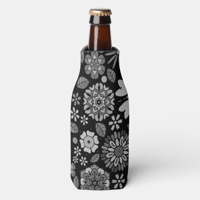 Black And Grey Retro Floral Art Seamless Pattern Bottle Cooler (Bottle Front)