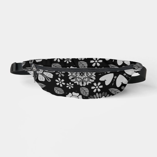 Black And Grey Retro Floral Art Seamless Pattern Bum Bags (Front)