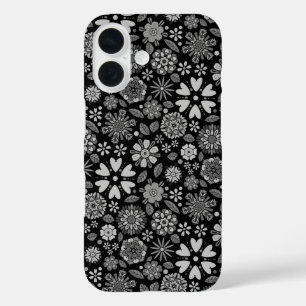 Black And Grey Retro Floral Art Seamless Pattern iPhone 16 Case