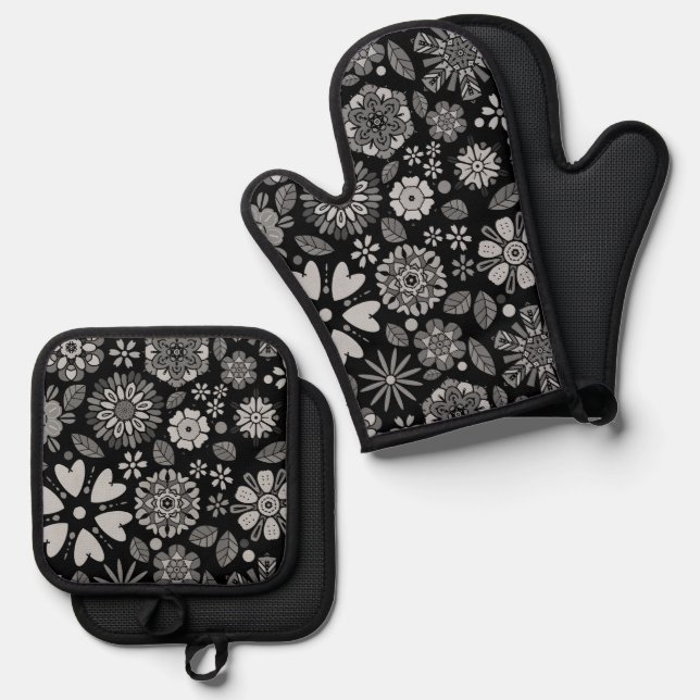 Black And Grey Retro Floral Art Seamless Pattern Oven Mitt & Pot Holder Set (Front/Back)
