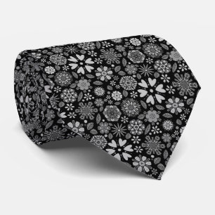 Black And Grey Retro Floral Art Seamless Pattern Tie