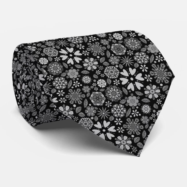 Black And Grey Retro Floral Art Seamless Pattern Tie (Rolled)