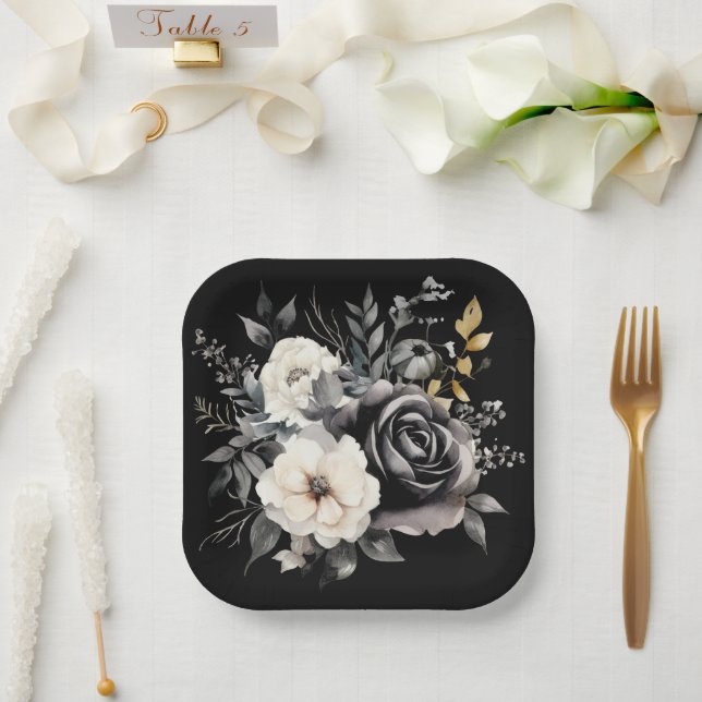 Black and Grey Roses and Gold Leaves Paper Plate (Wedding)