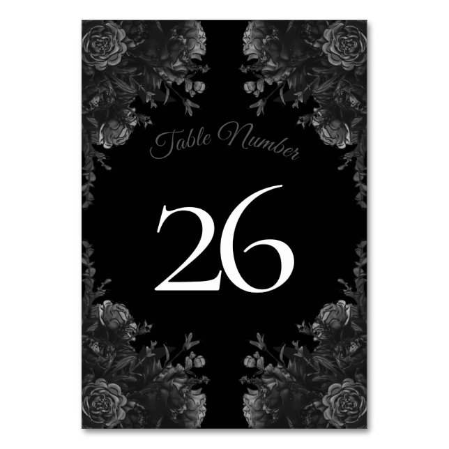 Black and Grey Roses Gothic Wedding Table Number (Back)