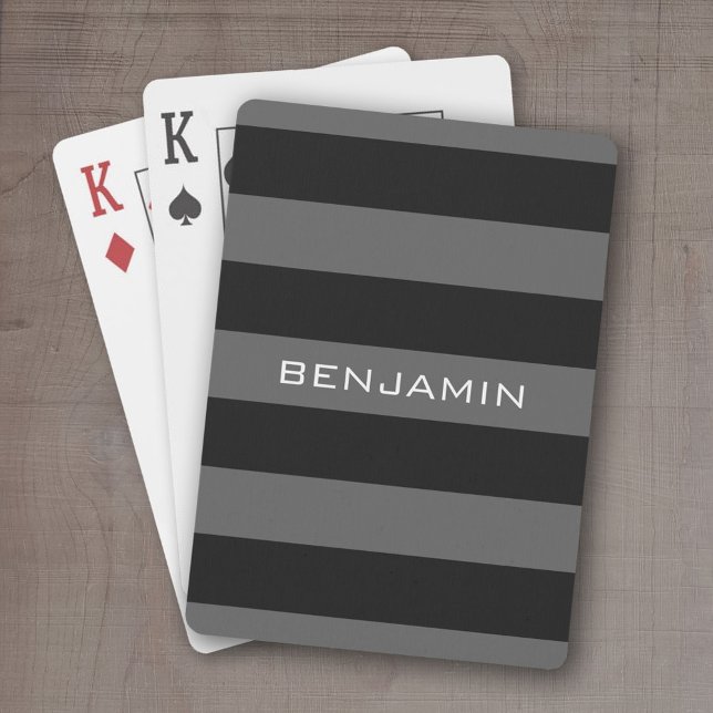 Black and Grey Rugby Stripes with Custom Name Playing Cards (Personalized playing cards - sporty, preppy stripe pattern with name. Great gift for the guys!)