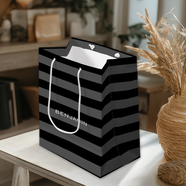 Black and Grey Rugby Stripes with Custom Name Small Gift Bag (Custom Gift Bag)