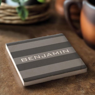 Black and Grey Rugby Stripes with Custom Name Stone Coaster