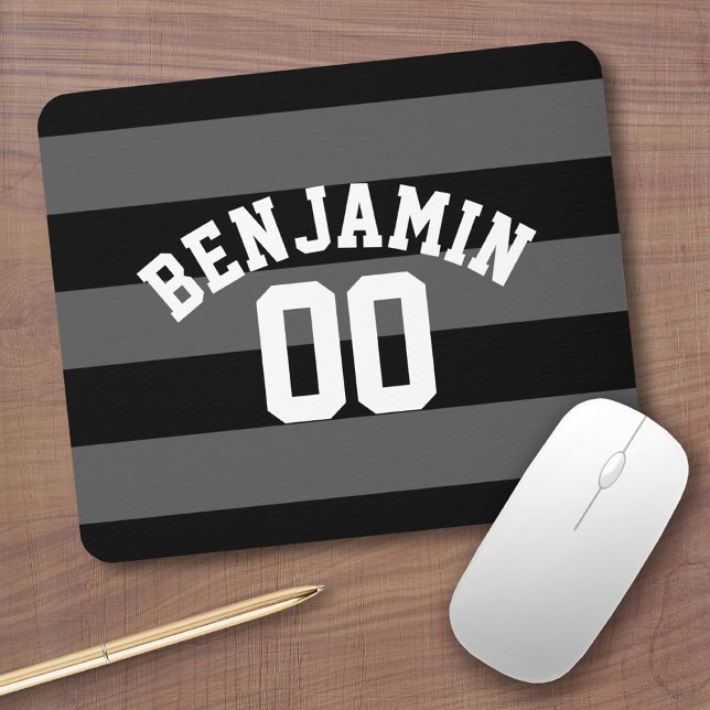 Black and Grey Silver Rugby Stripes Name Number Mouse Mat (Personalized Mousepad - Sports Jersey Theme with custom name)
