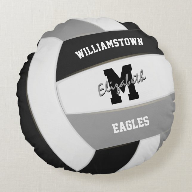 black and grey sports team colours volleyball round cushion (Front)