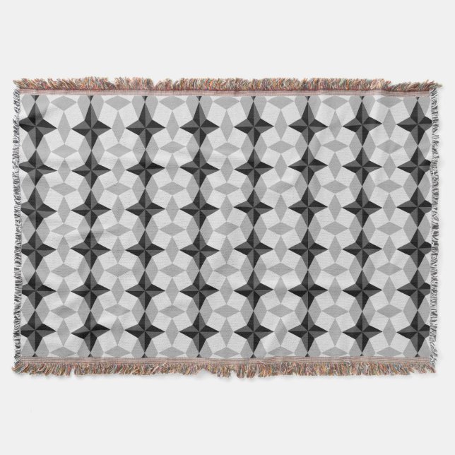 Black and Grey Starbust and Rhombus Pattern Throw Blanket (Front)
