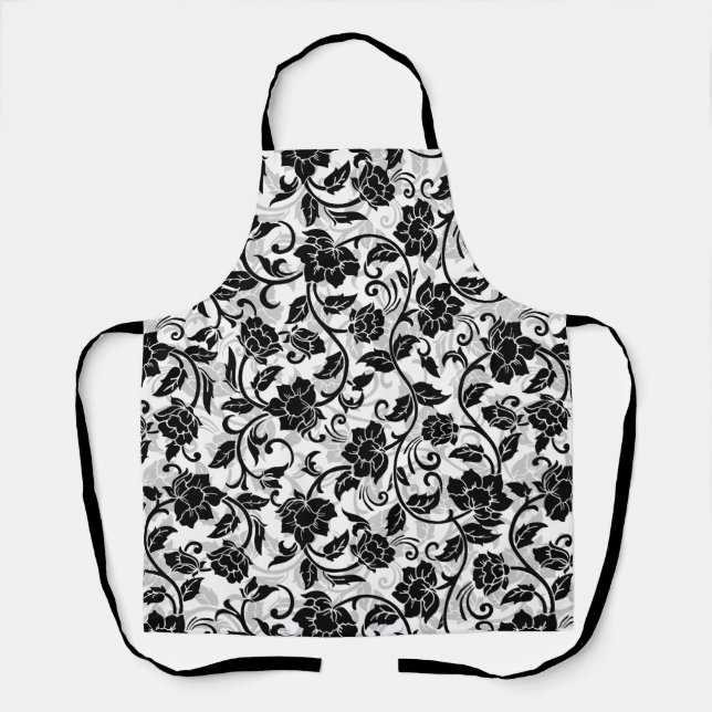 Black and Grey Swirling Flowers Apron (Front)