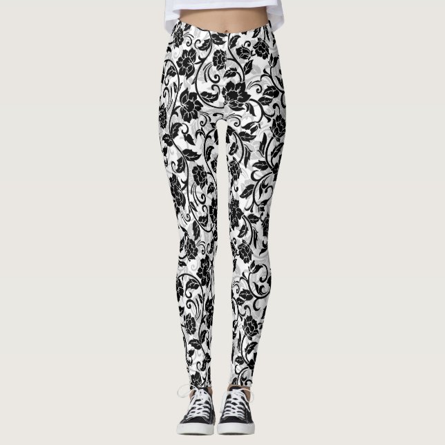 Black and Grey Swirling Flowers Leggings (Front)