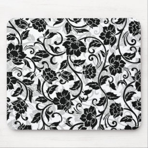 Black and Grey Swirling Flowers Mouse Mat