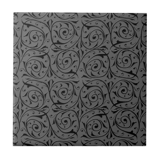 Black and Grey Swirling Vines Pattern Tile (Front)