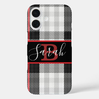 Black and Grey Tartan Chequered Red font iPhone 16 Case